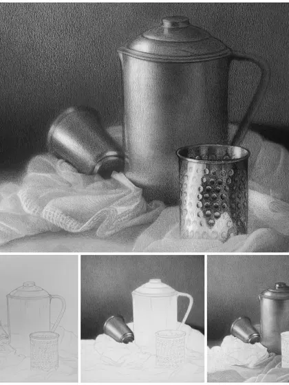The process of the still life, from the initial line sketch to the fully shaded final artwork.