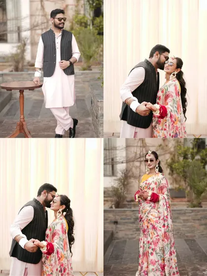 A four-panel collage showing the couple's stylish Haldi portraits, including solo shots of the groom and romantic moments of them together.