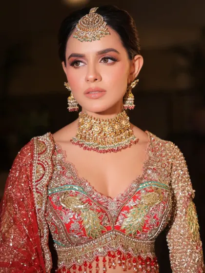 A close-up on the peacock-inspired embroidery of the blouse and the stunning gold choker. It's these details that make a bridal look truly special.