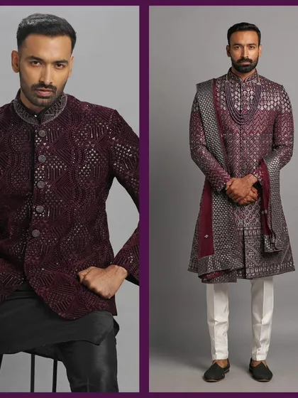 Two stunning burgundy sherwanis. The intricate embroidery and rich color make these perfect for a groom or wedding guest.