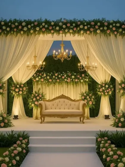 An example of classic, elegant stage design for a wedding reception. This setup features soft ivory draping, beautiful floral arrangements in pastel pink and white, and warm chandelier lighting to create a sophisticated and welcoming focal point.