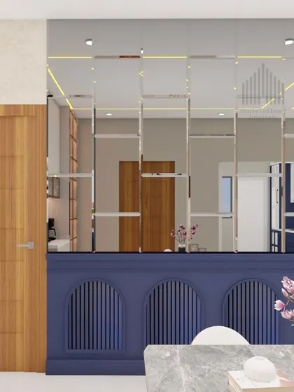 A 3D render of a dining area featuring a mirrored wall to create a sense of space, complemented by a bold blue and wood color scheme.