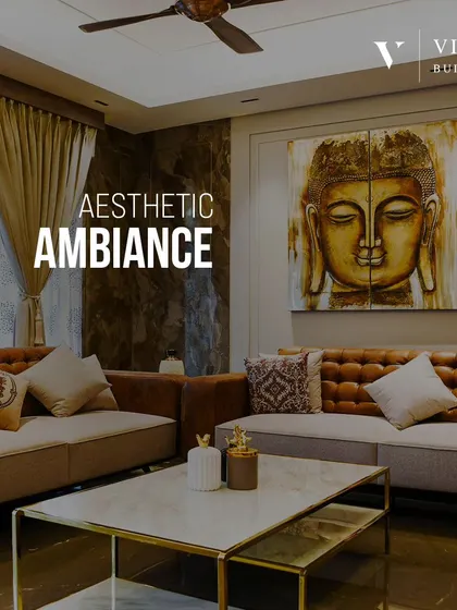 We create an aesthetic ambiance with a mix of textures and cultural art. The leather sofa, marble coffee table, and large Buddha painting come together to form a living room that is both peaceful and stylish.