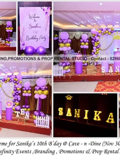 This lavender princess theme for a 10th birthday at Cave-n-Dine is perfect for an older child. The elegant setup uses a lavender and gold color palette with a curtain backdrop, balloon pillars, and themed cylinder tables, creating a sophisticated and magical party.