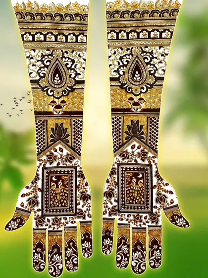 This is an example from Day 15 of my mehandi class, showing a complete bridal design with peacock and lotus elements. We learn how to create symmetrical and balanced patterns for both hands.