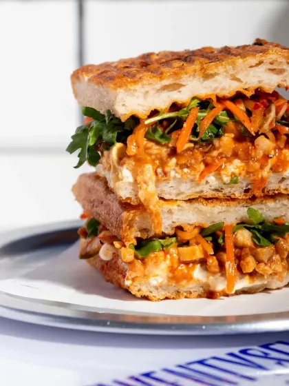A stacked view of the Pulled Pork Kimchi Focaccia, showing how much filling I pack in.
