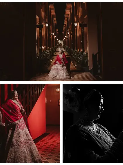 A series of dramatic and moody bridal portraits. We used shadows and architectural elements to create a cinematic and high-fashion feel, showcasing the bride's stunning lehenga.