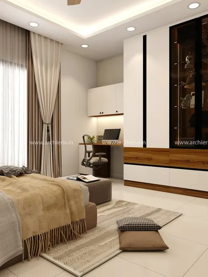 A full view of the modern bedroom, showing the integrated study desk next to the wardrobe. This design is perfect for those who need a functional workspace within their personal sanctuary.