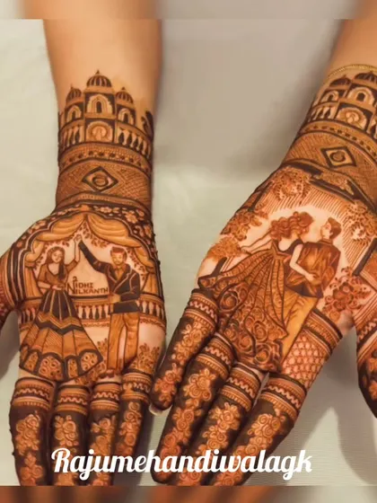 A very detailed Karwa Chauth design with couple portraits and intricate patterns. The architecture and clothing details are drawn with great care to make the design special.