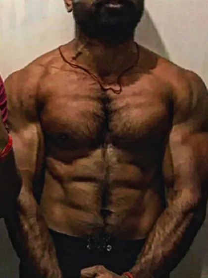 A close-up of my chest and ab development.