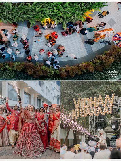 A collage showing different perspectives of the wedding day, from an aerial view of the baraat to the bride's entrance and the grand wedding signage.