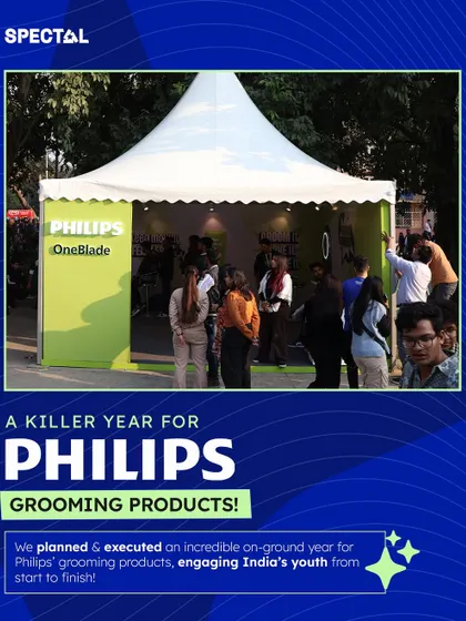 We planned and executed a killer on-ground year for Philips grooming products. This image shows the branded pop-up tent we set up on campus to introduce the Philips OneBlade to India's youth.