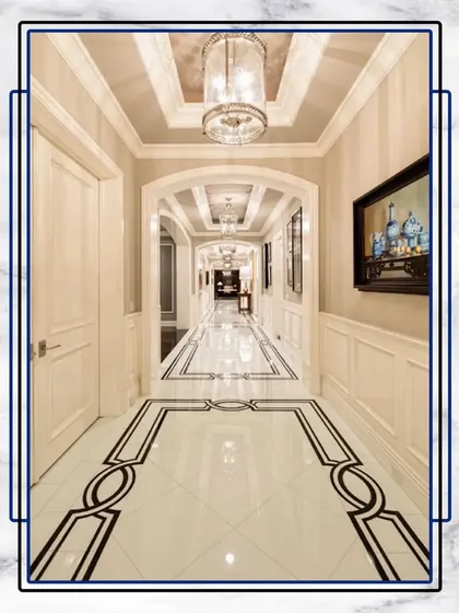This grand, light-filled hallway uses intricate floor patterns and a series of arches to create a sense of infinite luxury. It’s a space that makes a lasting impression.