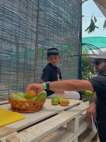 Fresh, juicy mangoes are the star of the show. Here, a father and son check out the delicious fruit available during our festival.