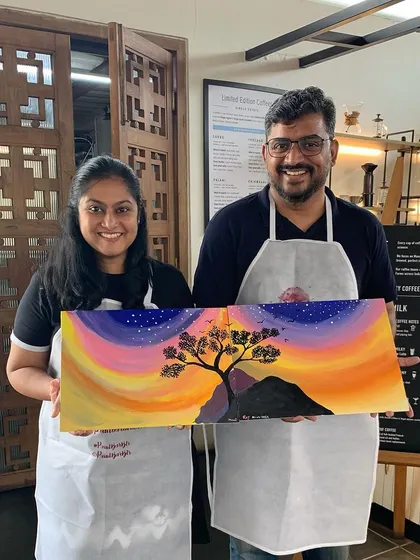 This couple created a stunning two-part landscape painting during their private session. It's a wonderful keepsake from a unique and romantic date night.