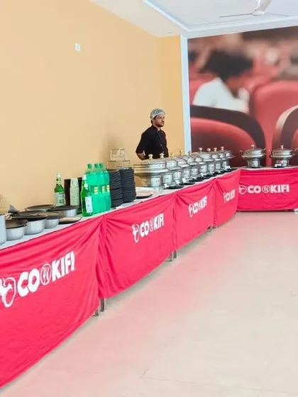 A live chaat counter and welcome drink station set up for a party at Mahaveer Ranches. We ensure guests are greeted with refreshments from the moment they arrive.