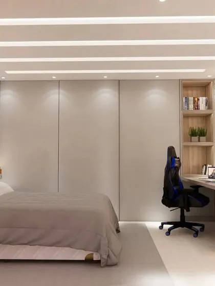 A full view of the superhero room, showing the floor-to-ceiling wardrobe and the clean, modern design.