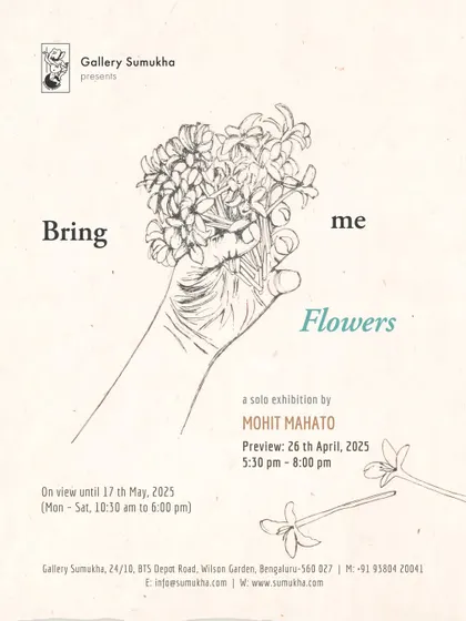 The official invitation for 'Bring me Flowers', featuring a delicate line drawing that captures the exhibition's theme.