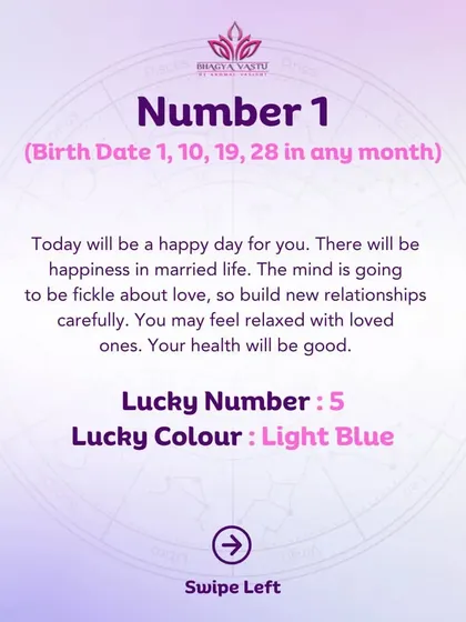 A daily insight for Moolank 1, pointing to a happy day in married life and good health.
