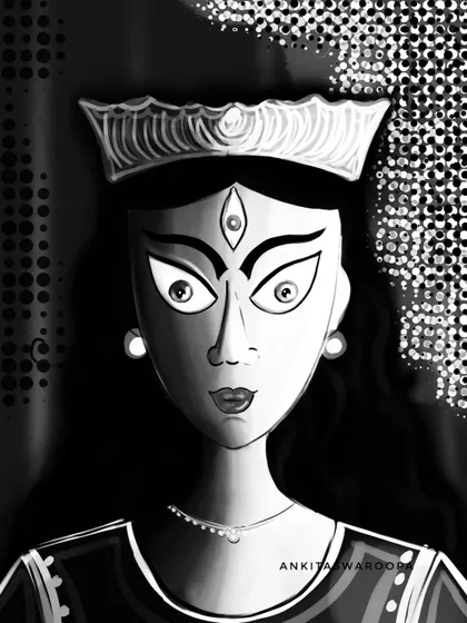 A black and white version of the modern Durga portrait, emphasizing the strong lines and graphic quality of the artwork.