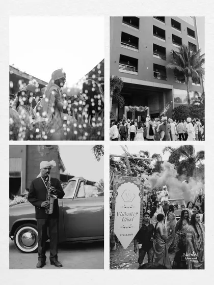 A collage of black and white shots from the baraat, capturing the candid energy, the music, and the joy of the procession.