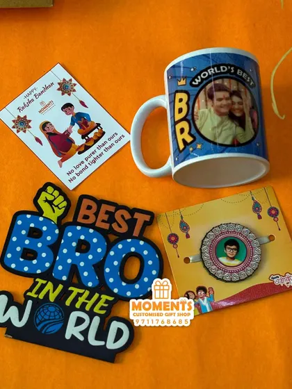 Another Rakhi combo option, this one includes a 'Best Bro' tabletop, a photo rakhi, and a personalized photo mug.