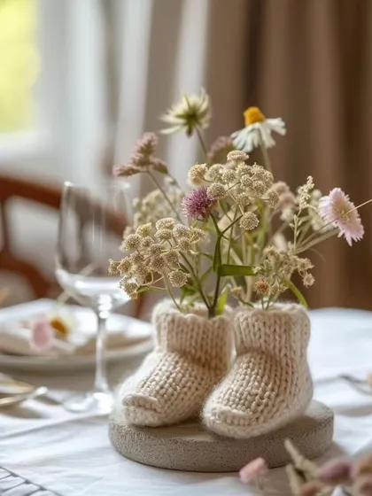 A creative centerpiece using baby booties as a vase. This unique and adorable idea is a perfect example of the custom, artistic details I love to create.