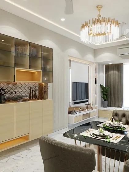 This render details the crockery and bar unit in the Andheri West project. It features fluted glass cabinets, a built-in niche for service, and under-cabinet lighting, combining storage with elegant display space.
