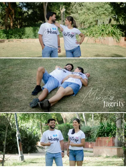 A fun collage of Mukesh and Jagrity in matching "Hubby" and "Wifey" t-shirts during their casual park shoot. A great way to add a personal touch!