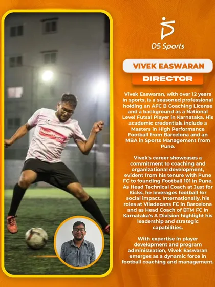 Introducing our Director, Vivek Easwaran. A seasoned professional with an AFC B Coaching License and a Masters in High Performance Football, he brings deep expertise to our team.
