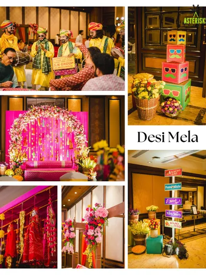 A "Desi Mela" mood board for a vibrant and fun-filled Mehendi. This theme is all about bright colors, quirky props, and the lively energy of a traditional Indian fair.