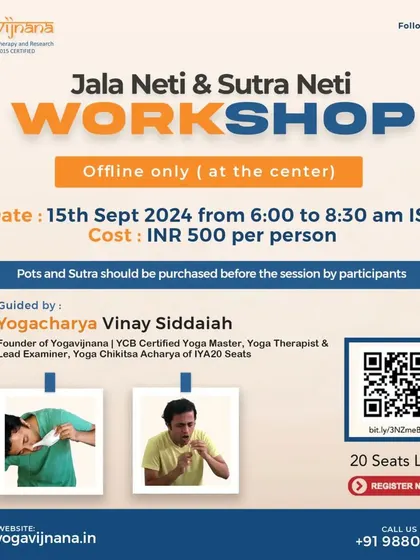 A poster for my offline Jala Neti and Sutra Neti workshop. This session provides hands-on guidance for these powerful cleansing kriyas, which are beneficial for anyone suffering from sinusitis, allergies, or chronic nasal congestion.