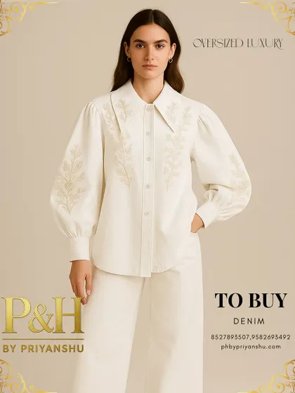 An off-white denim set that redefines casual elegance. The oversized shirt features delicate floral hand-embroidery on the collar and puff sleeves, paired with clean, wide-leg jeans.