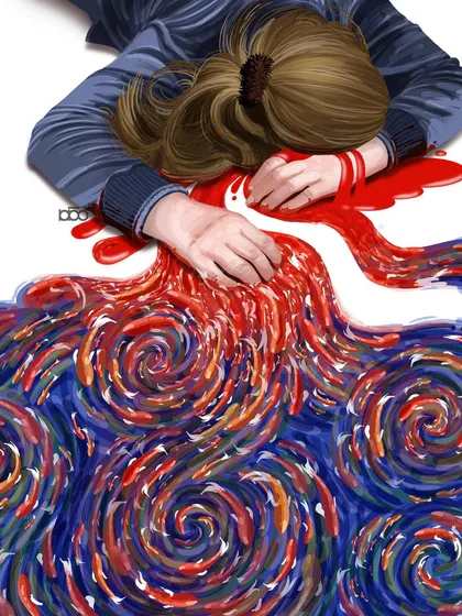 A powerful and tragic piece dedicated to the women of Iran. A woman's hair, drenched in blood, transforms into a swirling river of red fish swimming in a blue ocean, a symbol of life and hope born from sacrifice.