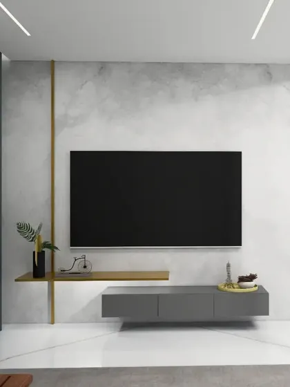 A minimalist media wall concept for the Park West project. The floating console and asymmetrical shelf are accented by a single brass line, creating a simple yet elegant composition against a textured concrete-finish wall.