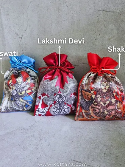 Our Navaratri combo features potli bags celebrating the three powerful forms of the goddess: Saraswati, Lakshmi, and Shakti. Each bag is a tribute to the divine feminine energy worshipped during the festival.