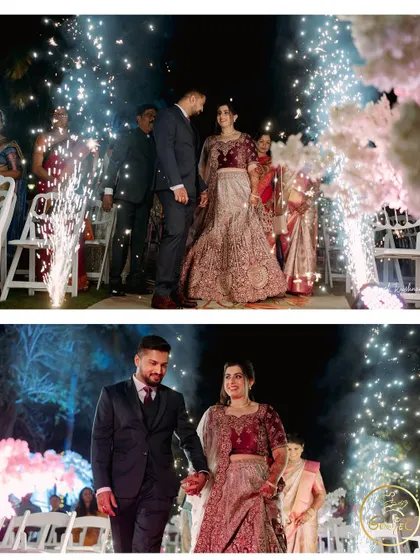 A collage of the couple's grand reception entrance, walking through smoke and sparklers.