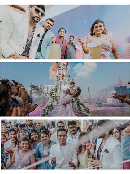 A collage showcasing the collective joy of the wedding carnival, with shots of the couple celebrating with their friends and family amidst colorful smoke and confetti.