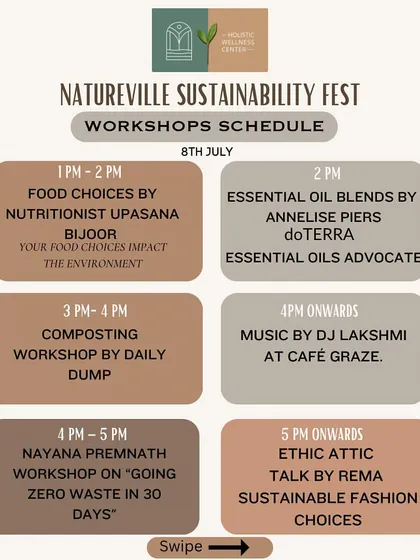 The workshop schedule for our Natureville Sustainability Fest. I was thrilled to host a day of learning with sessions on sustainable food choices, composting, zero-waste living, and ethical fashion, bringing together experts from across the community.