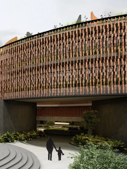 A view through one of the building's undercrofts, framing a landscaped pathway. This permeable ground floor enhances spatial fluidity and encourages exploration, making the journey through the campus an integral part of the architectural experience.