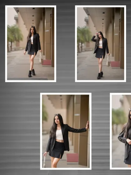 A collection of five poses from the urban fashion shoot, showcasing the versatility of the outfit and the model's confident attitude.