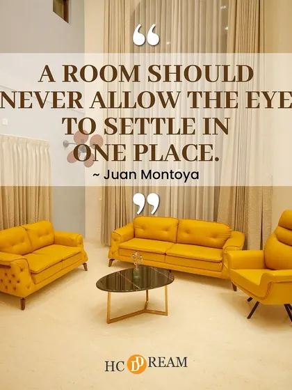 A well-designed room should be a journey for the eye. This living space with its vibrant yellow sofa and dynamic layout ensures that your gaze never settles in one place, creating constant visual interest.