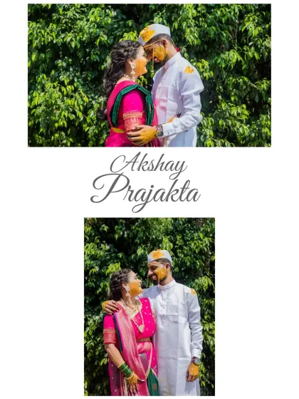 A lovely portrait collage of the couple during their Haldi ceremony, their faces glowing with turmeric and happiness.