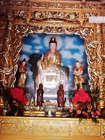 An altar with deities in the Songshan Shaolin Temple area. Faith and devotion are integral to the Shaolin way of life. Namo Damo.