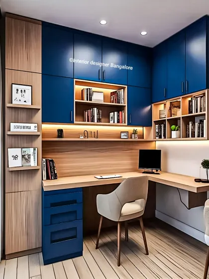 A bold home office design with deep blue cabinetry and wood accents, offering plenty of storage and a large L-shaped desk.