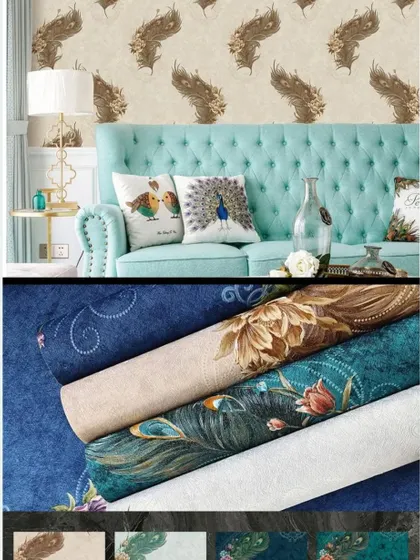 A collage of peacock feather wallpapers, shown in a living room and as a collection of colorful rolls.
