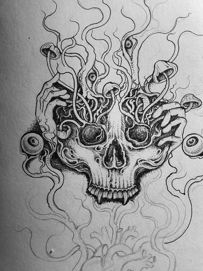 A progress shot of the "Trip" skull piece.