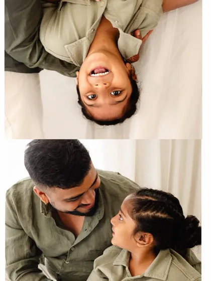 A playful collage showing two sides of a father-son relationship. One moment of silly fun, and another of quiet connection, both equally precious.