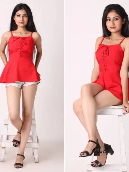 This composite image shows a model in a red peplum top and denim shorts in both standing and seated poses. This is a great way to display how an outfit looks in different situations for a versatile portfolio.