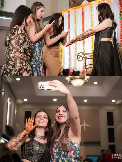 A collage showing the bride and her friends from abroad taking selfies and admiring her henna, a beautiful moment of cultural exchange and friendship.